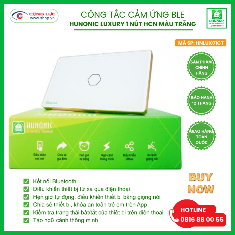 Bán công tắc cảm ứng BLE Hunonic Luxury 1 nút, hình chữ nhật màu trắng giá rẻ tại Hải Phòng