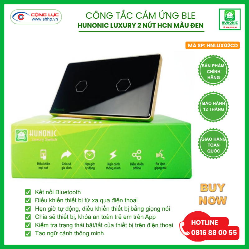 Bán công tắc cảm ứng BLE Hunonic Luxury 2 nút, hình chữ nhật màu đen giá rẻ tại Hải Phòng