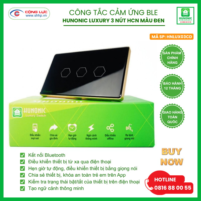 Bán công tắc cảm ứng BLE Hunonic Luxury 3 nút, hình chữ nhật màu đen giá rẻ tại Hải Phòng