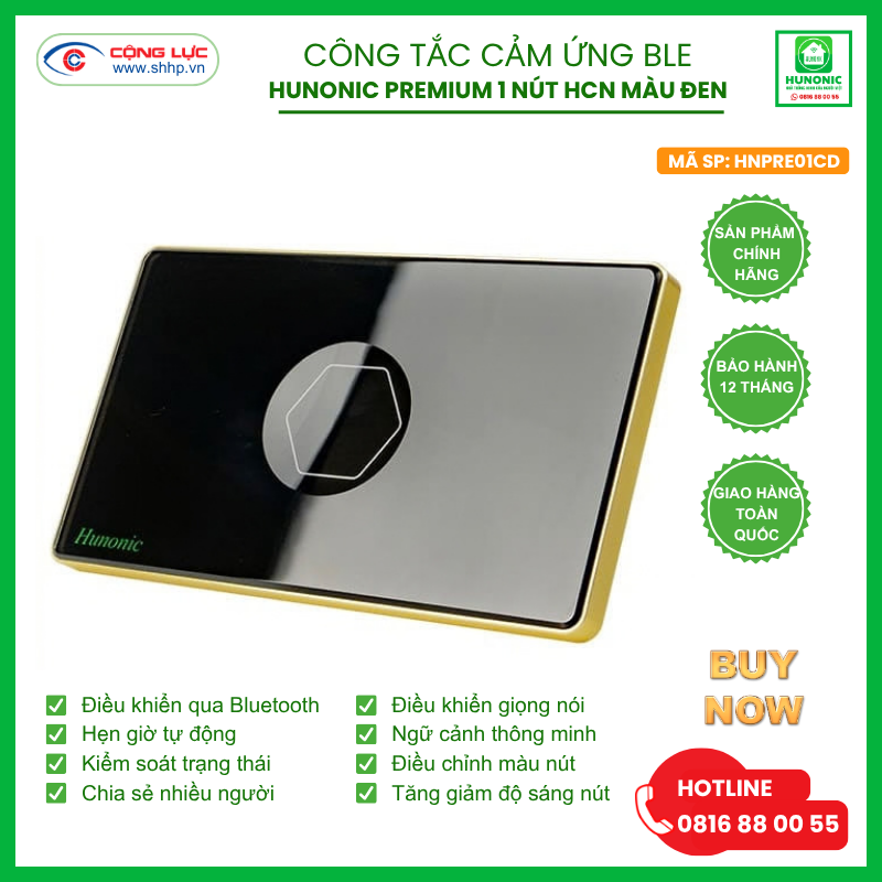 Bán công tắc cảm ứng BLE Hunonic Premium 1 nút hình chữ nhật màu đen tại Hải Phòng