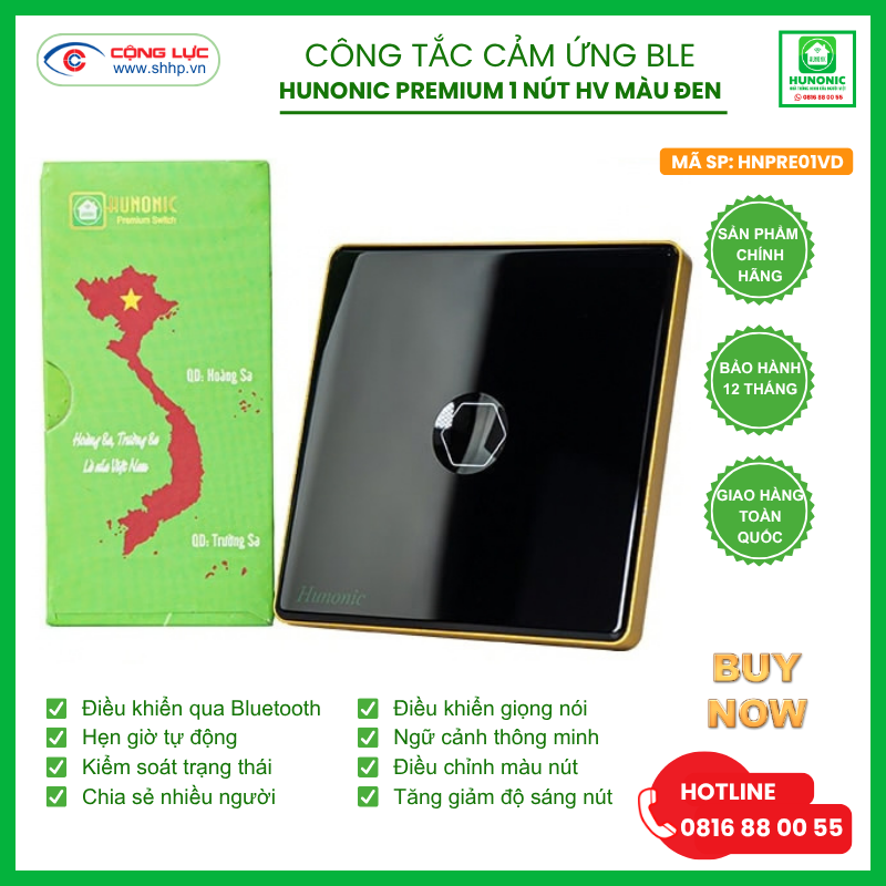 Bán công tắc cảm ứng BLE Hunonic Premium 1 nút hình vuông màu đen tại Hải Phòng