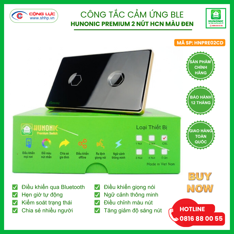 Bán công tắc cảm ứng BLE Hunonic Premium 2 nút hình chữ nhật màu đen tại Hải Phòng