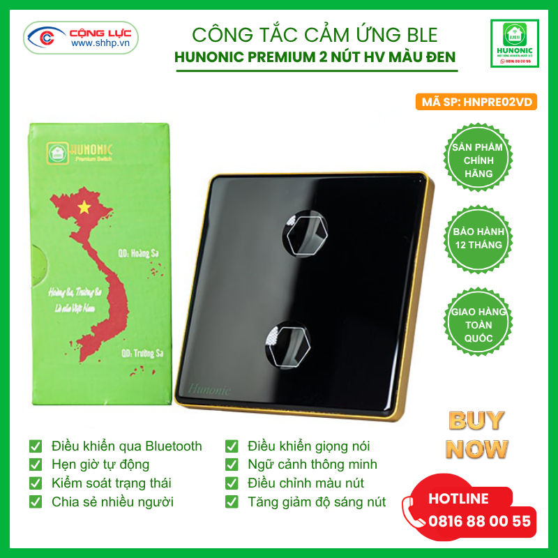 Bán công tắc cảm ứng BLE Hunonic Premium 2 nút hình vuông màu đen tại Hải Phòng