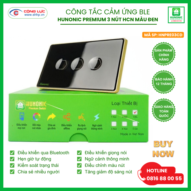 Bán công tắc cảm ứng BLE Hunonic Premium 3 nút hình chữ nhật màu đen tại Hải Phòng