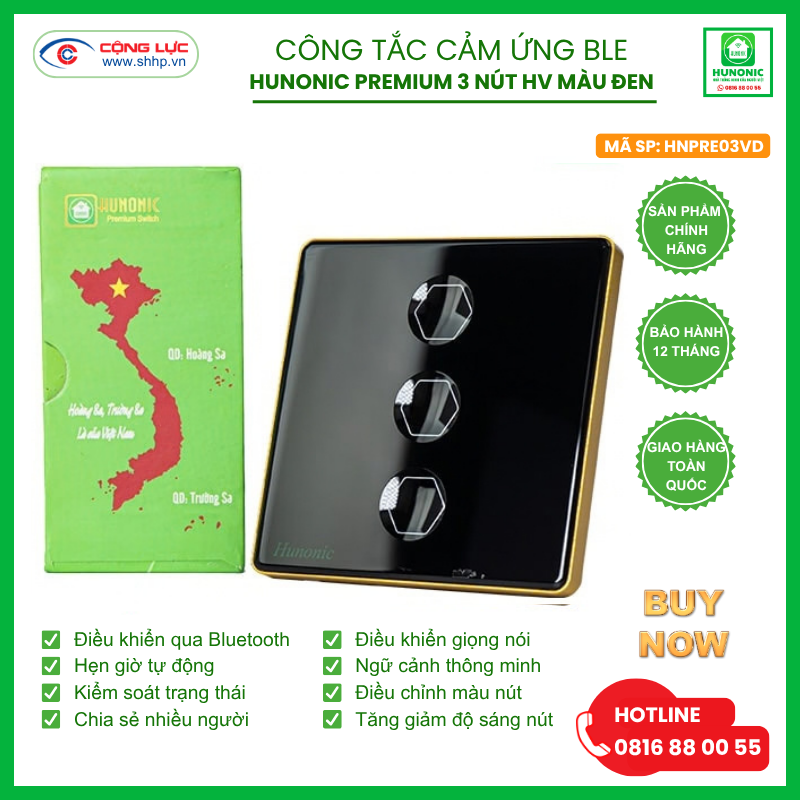 Bán công tắc cảm ứng BLE Hunonic Premium 3 nút hình vuông màu đen tại Hải Phòng