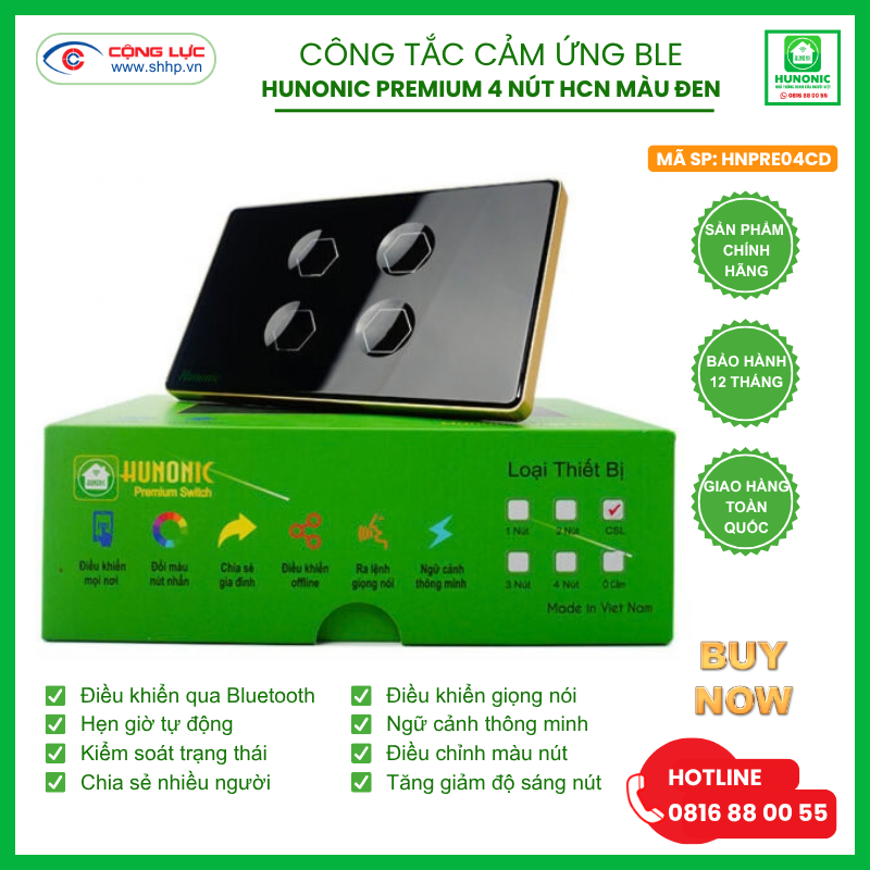 Bán công tắc cảm ứng BLE Hunonic Premium 4 nút hình chữ nhật màu đen tại Hải Phòng
