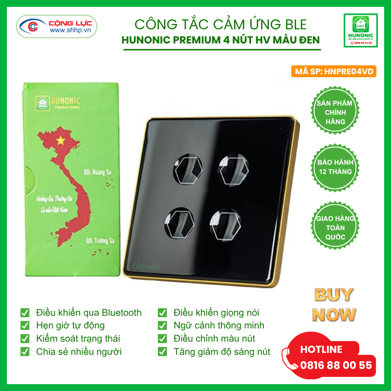 Bán công tắc cảm ứng BLE Hunonic Premium 4 nút hình vuông màu đen tại Hải Phòng