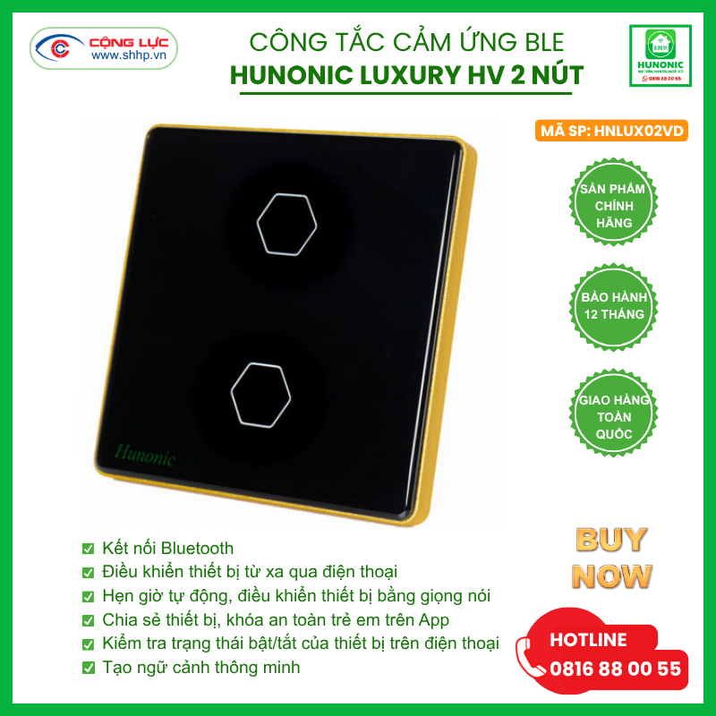Bán công tắc cảm ứng BLE Hunonic Luxury 2 nút, hình vuông màu đen giá rẻ tại Hải Phòng