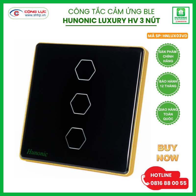 Bán công tắc cảm ứng BLE Hunonic Luxury 3 nút, hình vuông màu đen giá rẻ tại Hải Phòng