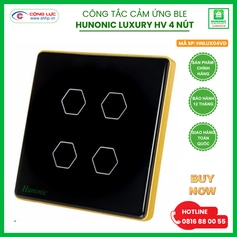 Bán công tắc cảm ứng BLE Hunonic Luxury 4 nút, hình vuông màu đen giá rẻ tại Hải Phòng