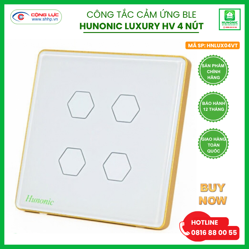 Bán công tắc cảm ứng BLE Hunonic Luxury 4 nút, hình vuông màu trắng giá rẻ tại Hải Phòng