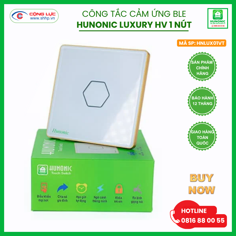 Bán công tắc cảm ứng BLE Hunonic Luxury 1 nút, hình vuông màu trắng giá rẻ tại Hải Phòng