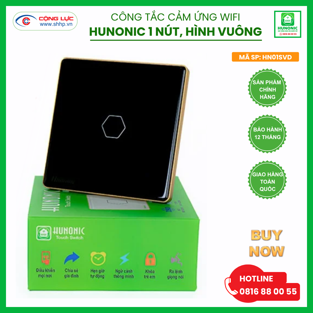 Bán công tắc cảm ứng wifi Hunonic 1 nút hình vuông màu đen tại Hải Phòng