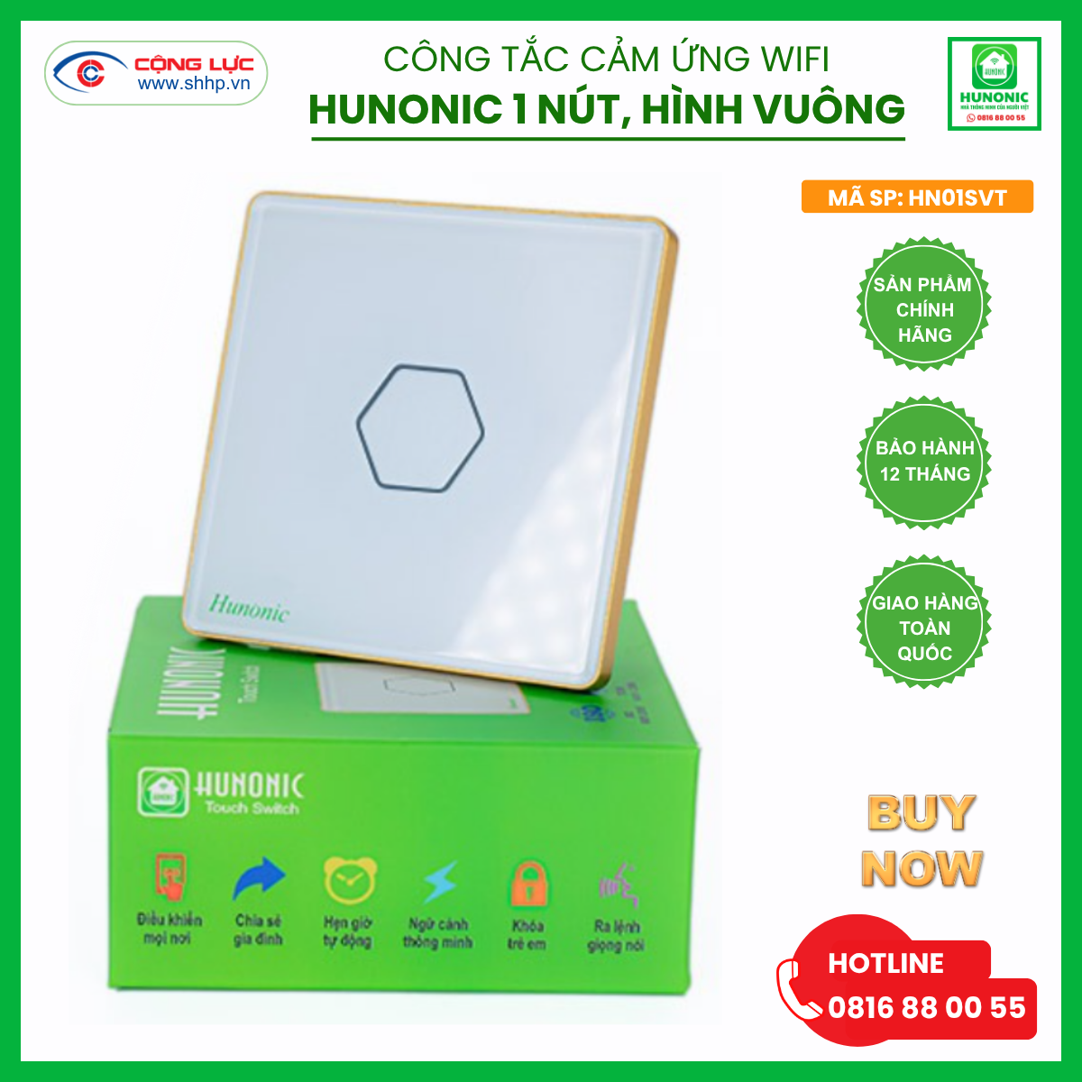 Bán công tắc cảm ứng wifi Hunonic 1 nút hình vuông màu trắng tại Hải Phòng