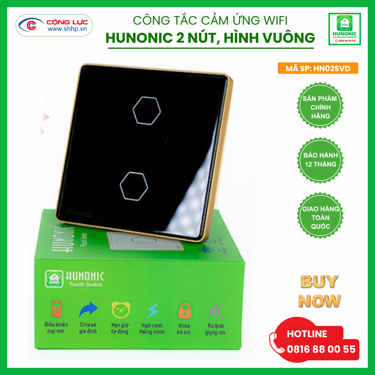 Bán công tắc cảm ứng wifi Hunonic 2 nút hình vuông màu đen tại Hải Phòng