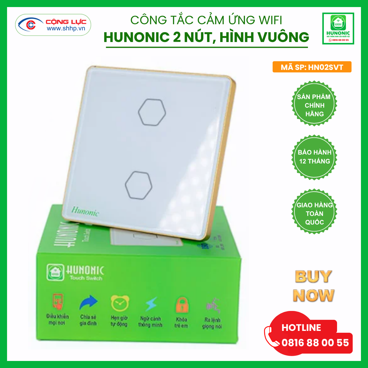 Bán công tắc cảm ứng wifi Hunonic 2 nút hình vuông màu trắng tại Hải Phòng