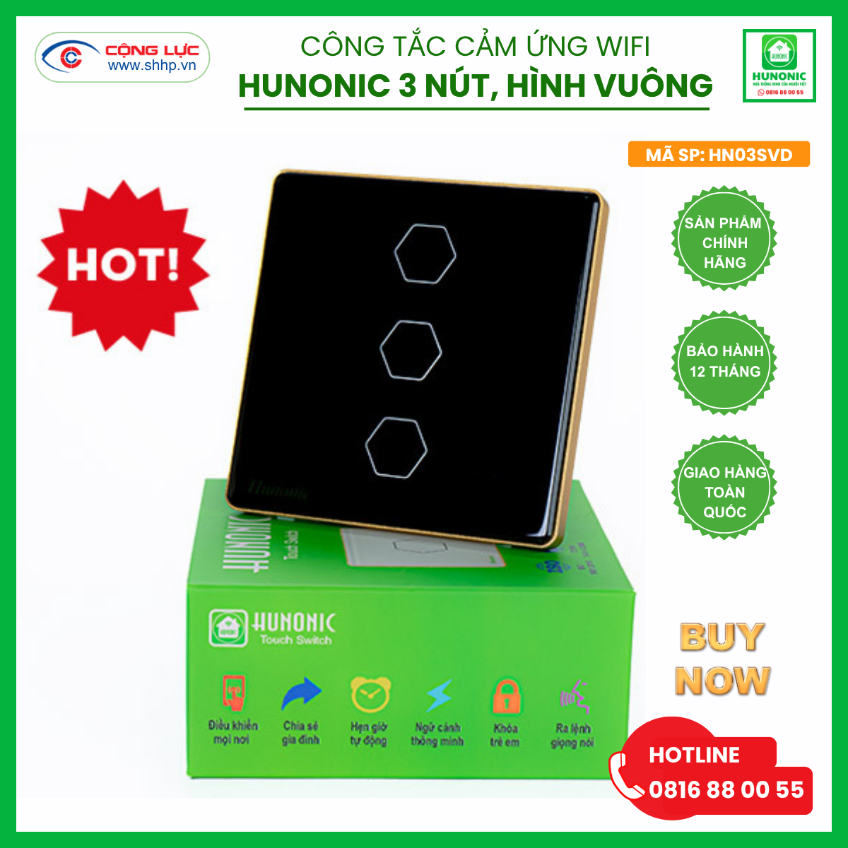 Bán công tắc cảm ứng wifi Hunonic 3 nút hình vuông màu đen tại Hải Phòng