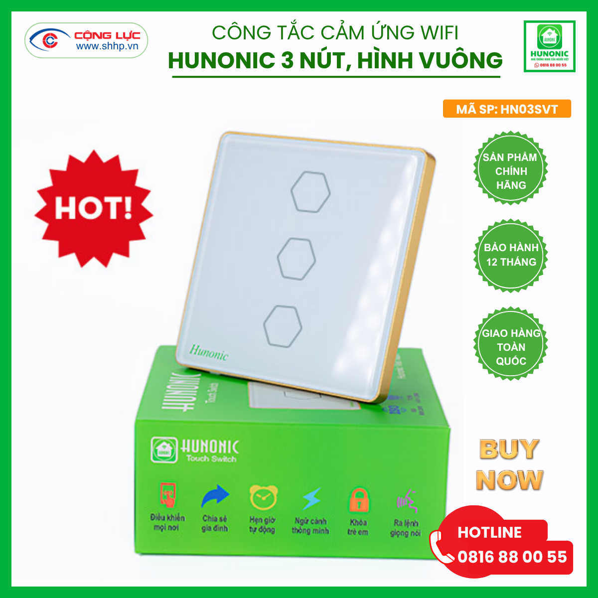 Bán công tắc cảm ứng wifi Hunonic 3 nút hình vuông màu đen tại Hải Phòng