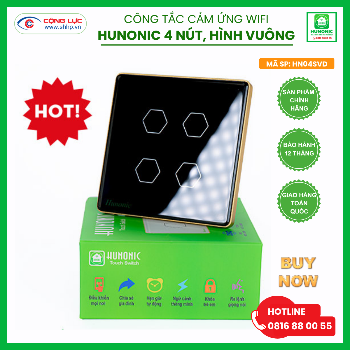 Bán công tắc cảm ứng wifi Hunonic 3 nút hình vuông màu đen tại Hải Phòng