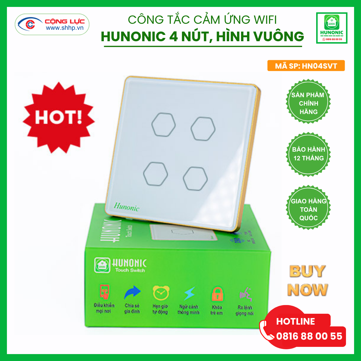 Bán công tắc cảm ứng wifi Hunonic 4 nút hình vuông màu trắng tại Hải Phòng
