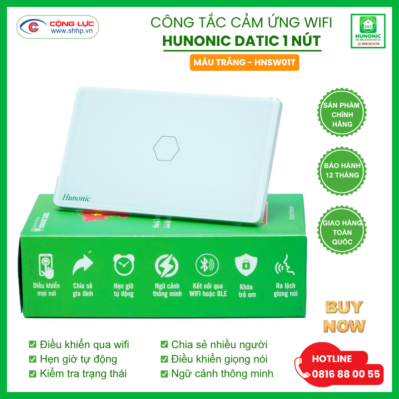 Bán Công tắc cảm ứng WiFi Hunonic Datic 1 Nút, màu Trắng tại Hải Phòng