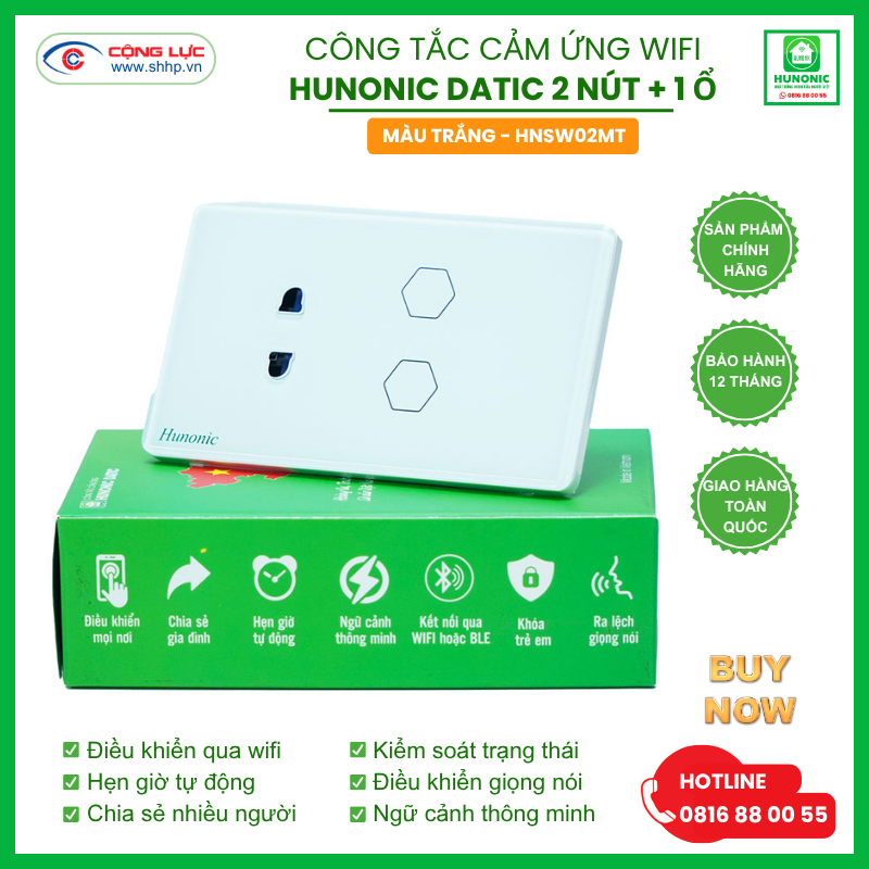 Bán Công tắc cảm ứng WiFi Hunonic Datic 2 Nút 1 Ổ, màu Trắng