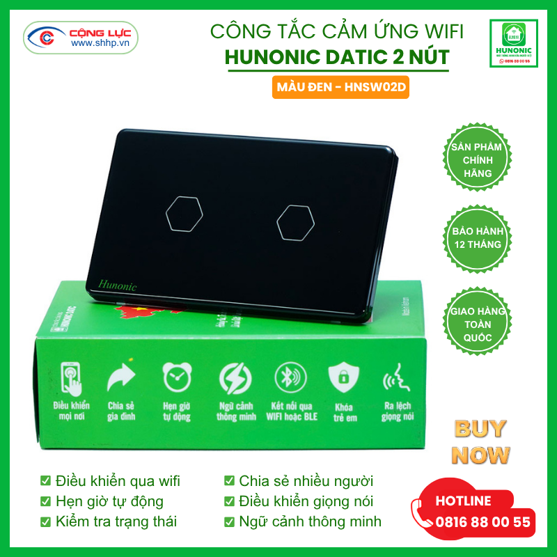 bán Công tắc cảm ứng WiFi Hunonic Datic 2 Nút, màu Đen tại Hải Phòng