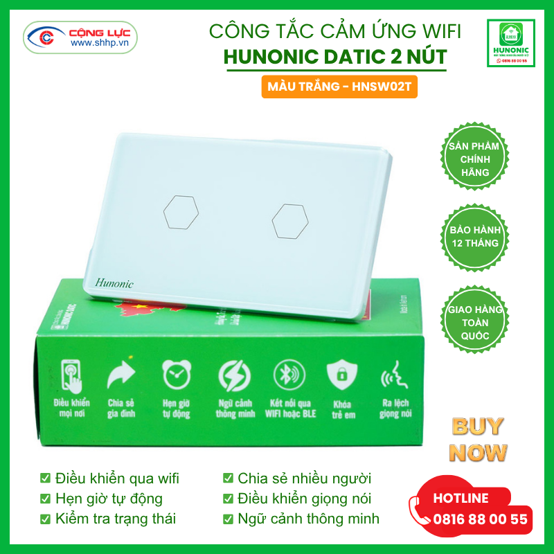 Bán Công tắc cảm ứng WiFi Hunonic Datic 2 Nút, màu Trắng tại Hải Phòng