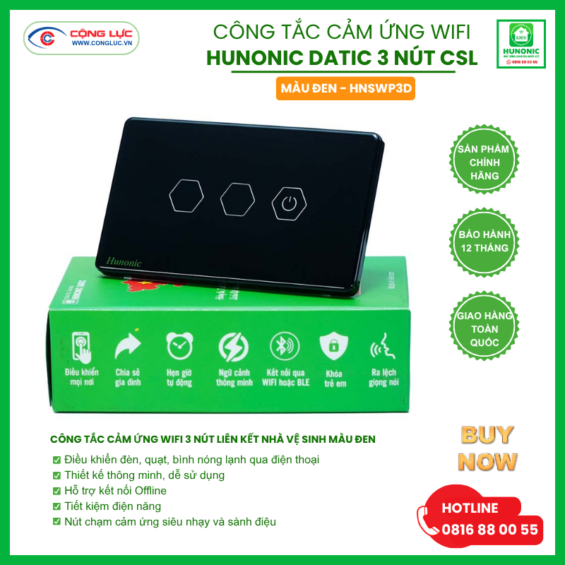 Bán công tắc cảm ứng wifi Hunonic Datic 3 nút CSL tại đại lý Cộng Lực Hải Phòng