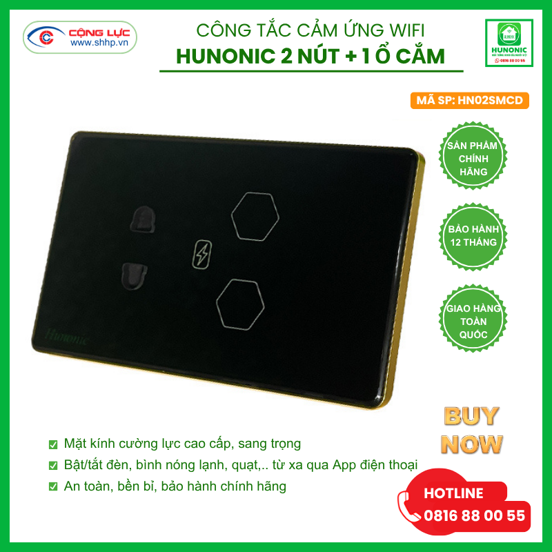 Cộng Lực bán công tắc wifi Hunonic 2 nút 1 ổ cắm giá rẻ tại Hải Phòng