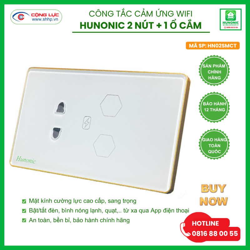 Cộng Lực bán công tắc wifi Hunonic 2 nút 1 ổ cắm giá rẻ tại Hải Phòng