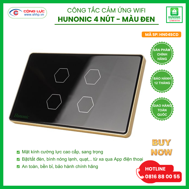 Bán công tắc Hunonic Wifi 4 nút hình chữ nhật màu đen tại Hải Phòng