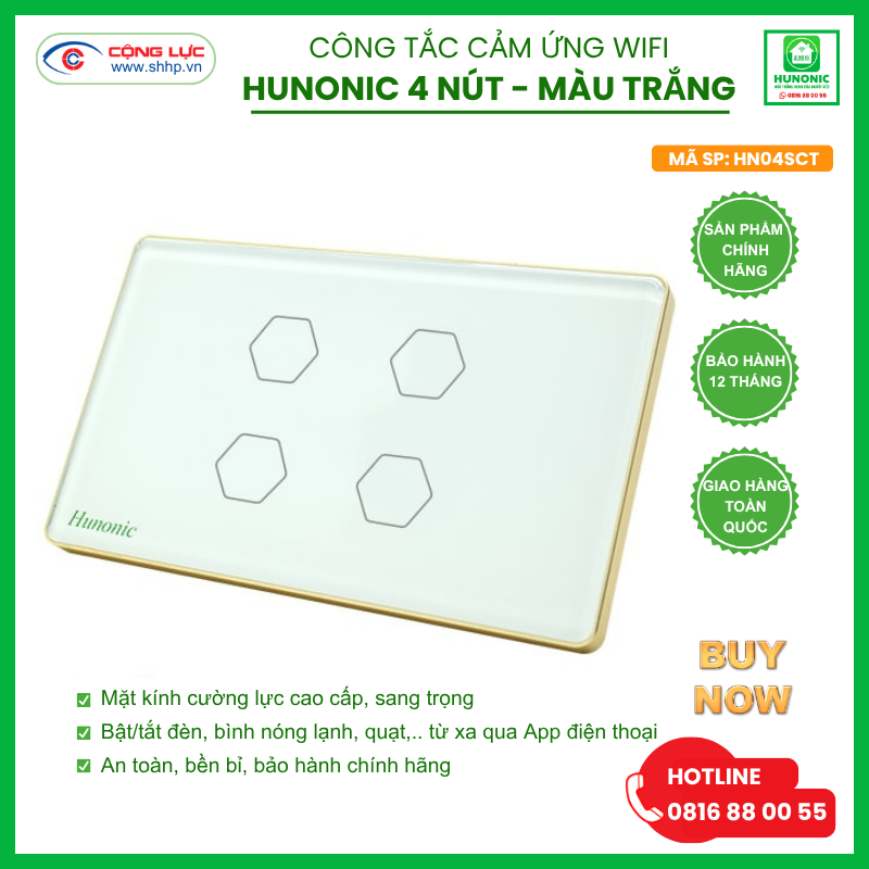 Bán công tắc Hunonic Wifi 4 nút hình chữ nhật màu trắng tại Hải Phòng