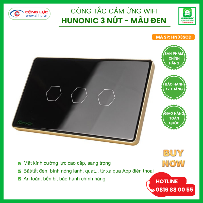 Bán công tắc Hunonic Wifi 3 nút hình chữ nhật màu đen tại Hải Phòng