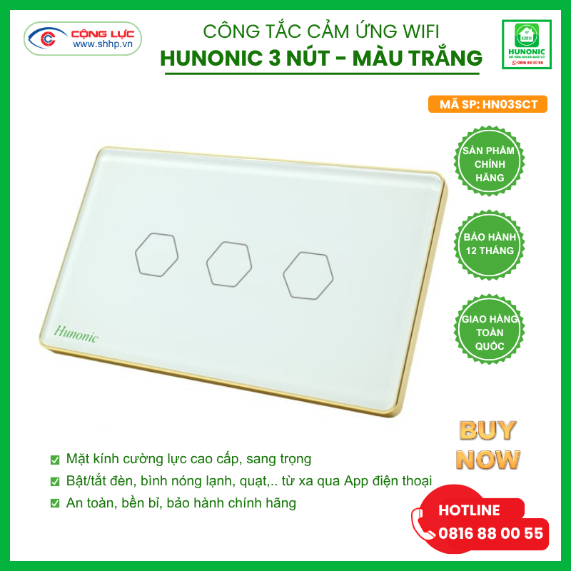 Bán công tắc Hunonic Wifi 3 nút hình chữ nhật màu trắng tại Hải Phòng