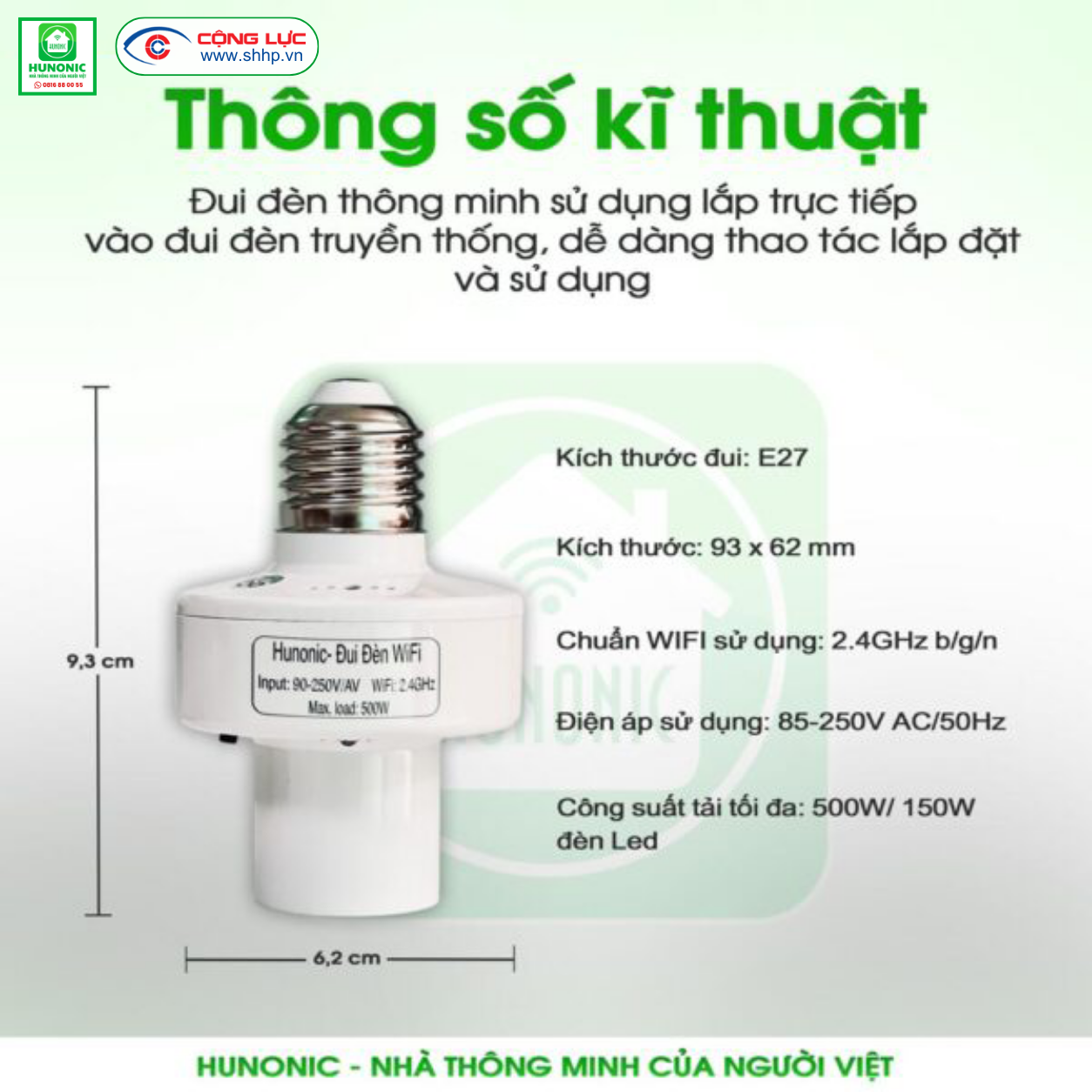 Thông số kỹ thuật đui đèn wifi Hunonic