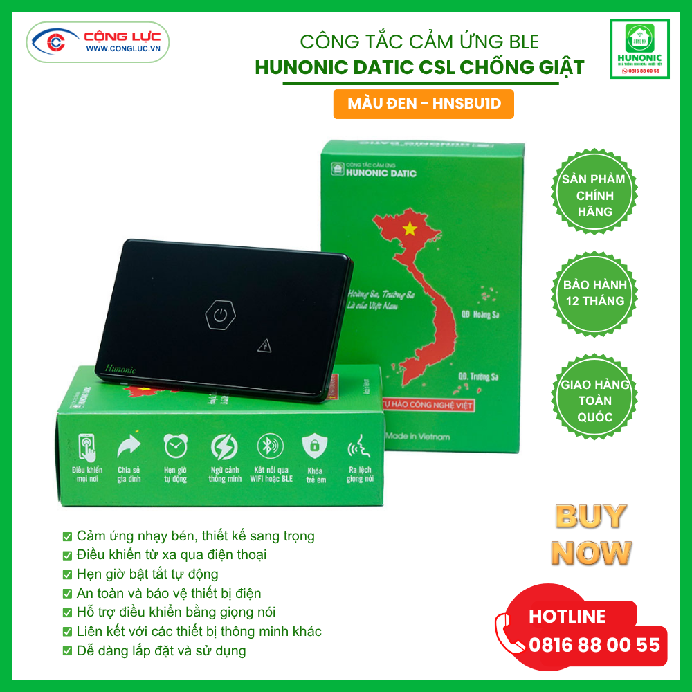 Cộng Lực bán công tắc cảm ứng BLE Hunonic Datic CSL chống giật, màu đen tại Hải Phòng