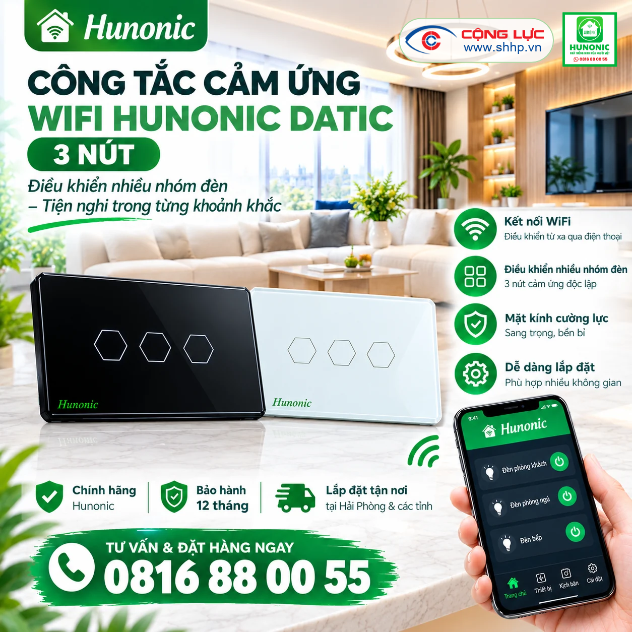 công tắc cảm ứng wifi hunonic Datic 3 nút