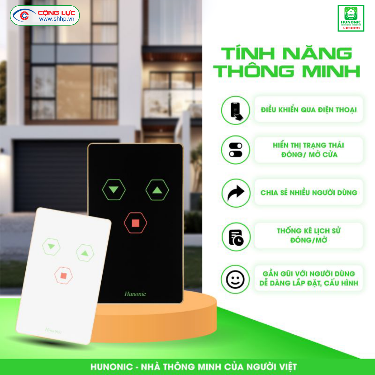 Công tắc cửa cuốn wifi Hunonic Doors màu trắng