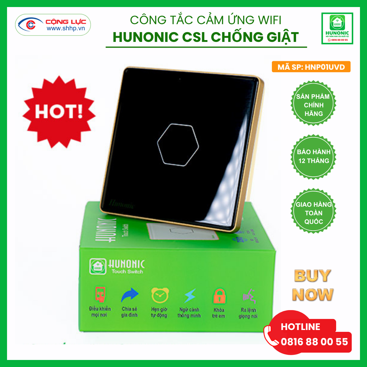 Bán công tắc cảm ứng chống giật CSL Hunonic màu đen tại hải Phòng