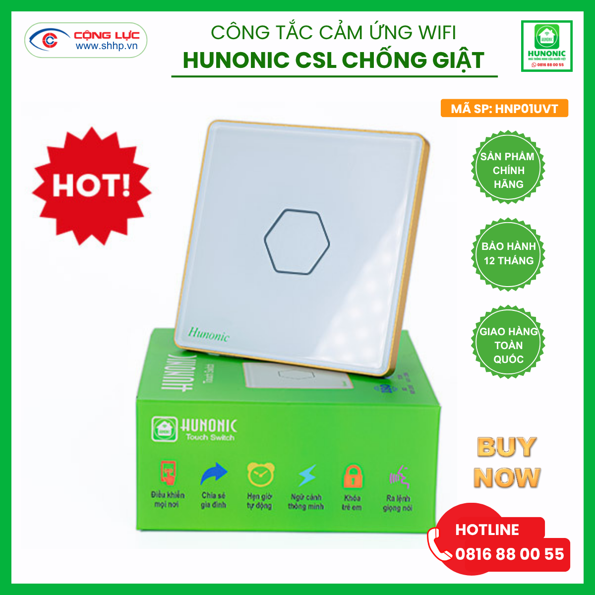 Bán công tắc cảm ứng wifi Hunonic CSL chống giật màu trắng tại Hải Phòng
