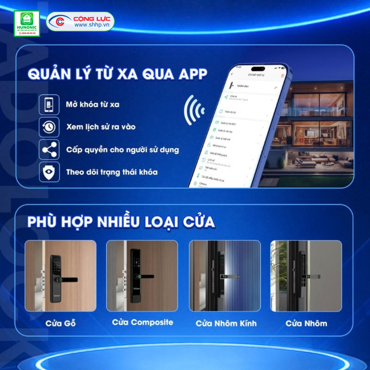 Khóa thông minh Hunonic TDL21 quản lý mở cửa trên điện thoại
