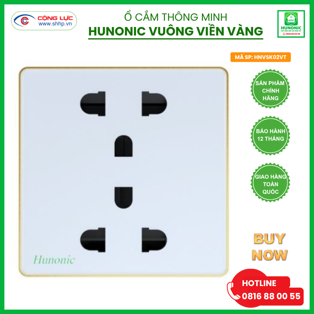 ổ cắm mặt kính Hunonic vuông viền vàng màu trắng