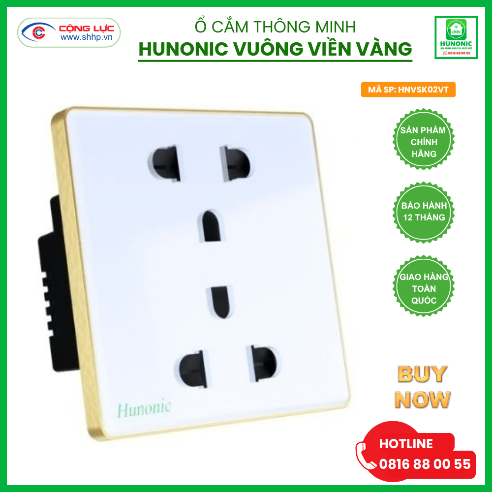 ổ cắm Hunonic vuông viền vàng màu trắng