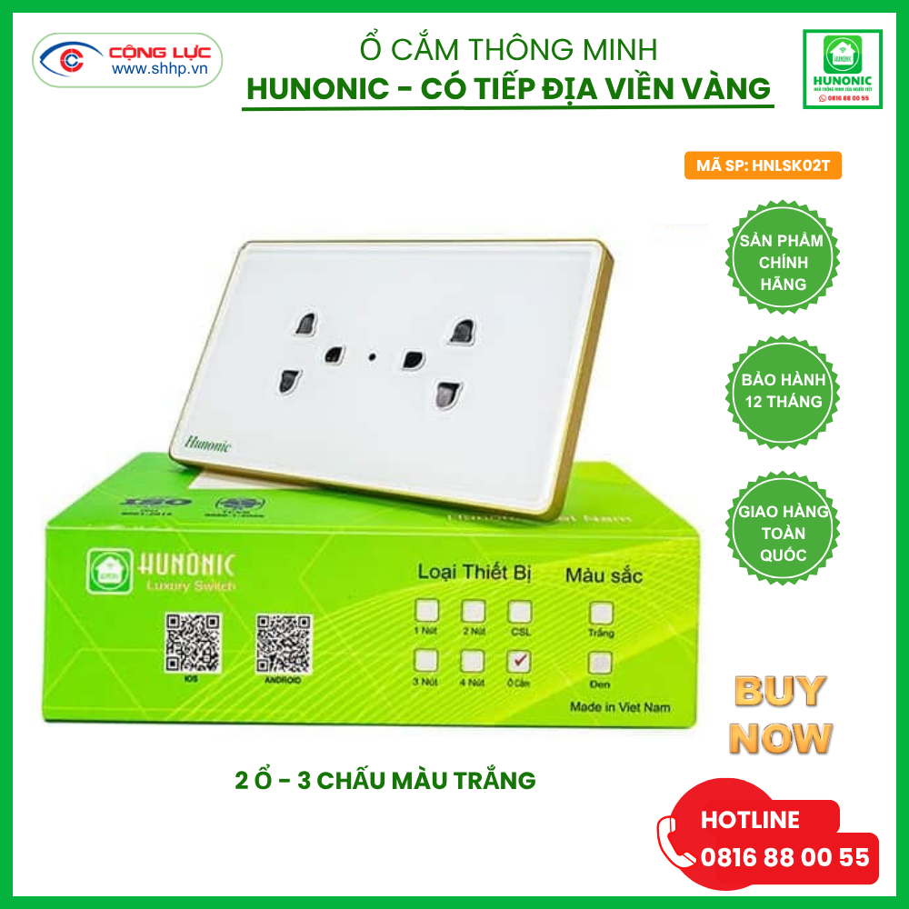 Ổ cắm thông minh Hunonic  có tiếp địa viền vàng màu trắng