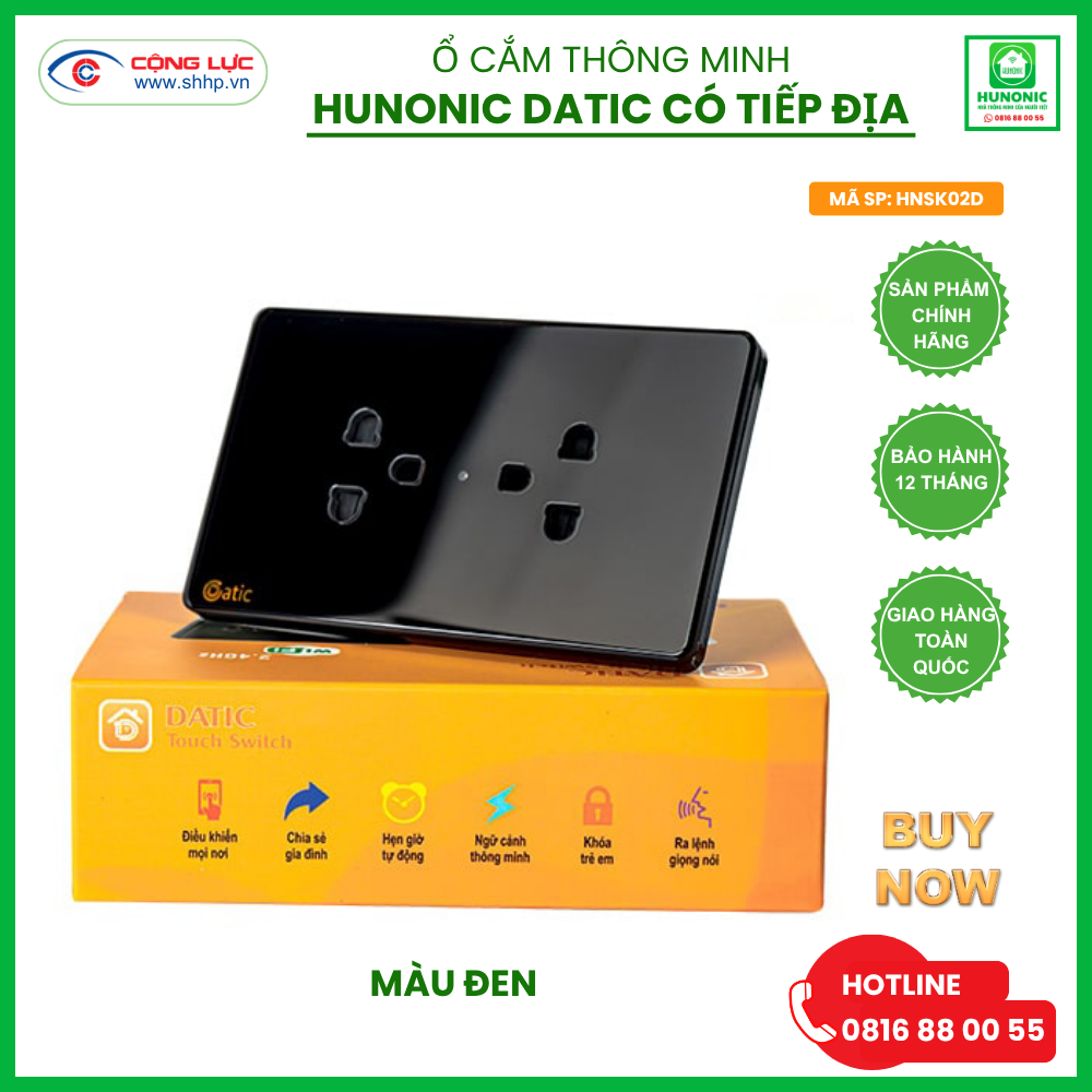 Ổ cắm Hunonic Datic có tiếp địa, màu đen