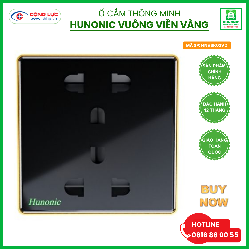 ổ cắm mặt kính Hunonic vuông viền vàng