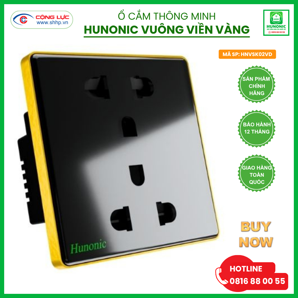 ổ cắm Hunonic vuông viền vàng 